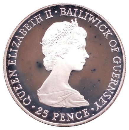 Монета 25 пенсов. 1980 год, Гернси. 80 лет Королеве-матери. Серебро. Монета 25 пенсов. 1980 год, Гернси. 80 лет Королеве-матери. Серебро.