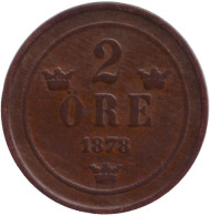 Монета 2 эре. 1878 год, Швеция. (большие буквы) Монета 2 эре. 1878 год, Швеция. (большие буквы)