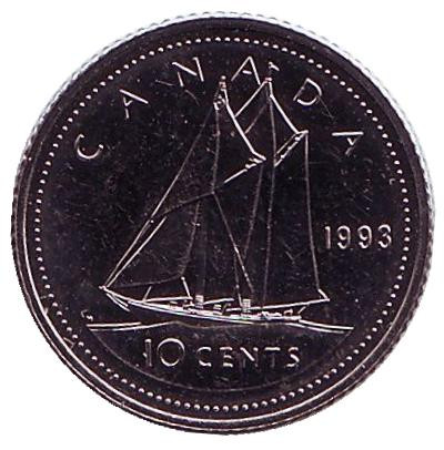 Монета 10 центов. 1993 год, Канада. aUNC. Парусник.