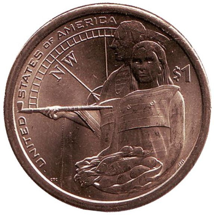 Монета 1 доллар, 2014 год (D), США. Сакагавея. Гостеприимство индейцев. (Помощь экспедиции Льюиса и Кларка), серия "Коренные американцы".