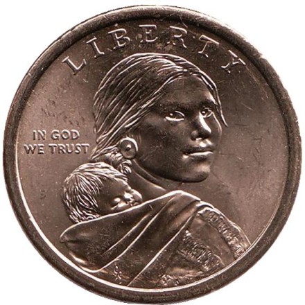 Монета 1 доллар, 2014 год (D), США. Сакагавея. Гостеприимство индейцев. (Помощь экспедиции Льюиса и Кларка), серия "Коренные американцы".