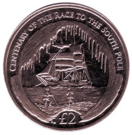 Монета 2 фунта, 2010 год, Южная Георгия и Южные Сандвичевы острова. 100 лет экспедиции на Южный Полюс. Монета 2 фунта, 2010 год, Южная Георгия и Южные Сандвичевы острова. 100 лет экспедиции на Южный Полюс.