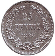 Монета 25 пенни. 1889 год, Финляндия в составе Российской Империи. Монета 25 пенни. 1889 год, Финляндия в составе Российской Империи.