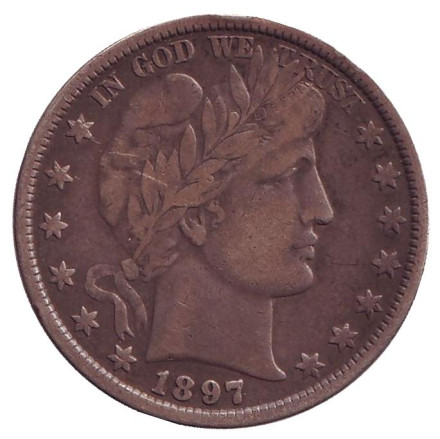 Монета 50 центов (1/2 доллара). 1897 год, США. (Без отметки монетного двора) "50 центов Барбера". Монета 50 центов (1/2 доллара). 1897 год, США. (Без отметки монетного двора) "50 центов Барбера".