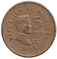 Монета 5 песо. 2005 год, Филиппины. Эмилио Агинальдо. Монета 5 песо. 2005 год, Филиппины. Эмилио Агинальдо.