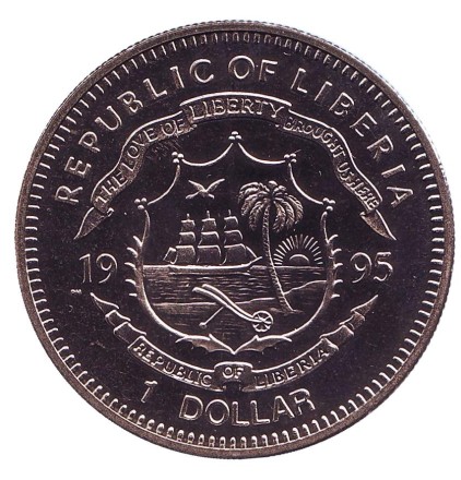 Монета 1 доллар. 1995 год, Либерия. 50 лет со дня смерти Франклина Рузвельта. Монета 1 доллар. 1995 год, Либерия. 50 лет со дня смерти Франклина Рузвельта.