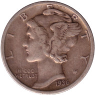 Монета 10 центов. 1936 год, США. Без обозначения монетного двора. Меркурий. Монета 10 центов. 1936 год, США. Без обозначения монетного двора. Меркурий.