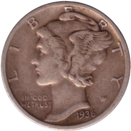 Монета 10 центов. 1936 год, США. Без обозначения монетного двора. Меркурий.