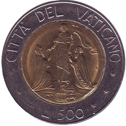Монета 500 лир. 1990 год, Ватикан. Евангелизация в Восточной Европе.
