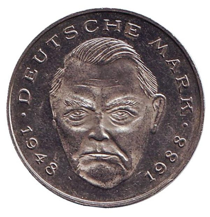 Монета 2 марки. 1992 год (A), ФРГ. Людвиг Эрхард.