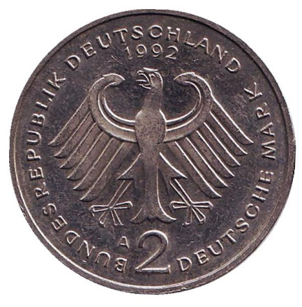 Монета 2 марки. 1992 год (A), ФРГ. Людвиг Эрхард.
