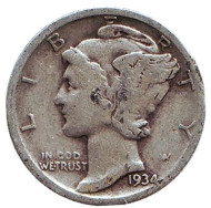Монета 10 центов. 1934 год, США. Без обозначения монетного двора. Меркурий. Монета 10 центов. 1934 год, США. Без обозначения монетного двора. Меркурий.