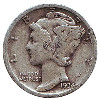 Монета 10 центов. 1934 год, США. Без обозначения монетного двора. Меркурий.
