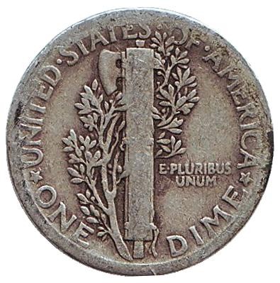 Монета 10 центов. 1934 год, США. Без обозначения монетного двора. Меркурий. Монета 10 центов. 1934 год, США. Без обозначения монетного двора. Меркурий.