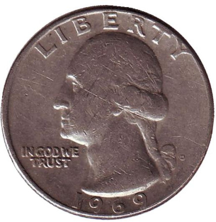 Монета 25 центов. 1969 (D) год, США. Вашингтон.