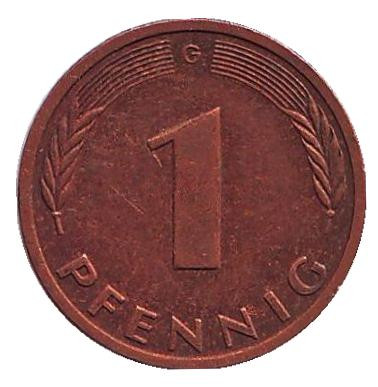 Монета 1 пфенниг. 1992 год (G), ФРГ. Дубовые листья.