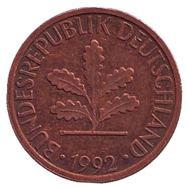 Монета 1 пфенниг. 1992 год (G), ФРГ. Дубовые листья.
