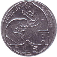 Монета 5 лир. 1975 год, Ватикан. Лето Господне. Покаяние женщин Вифании. Монета 5 лир. 1975 год, Ватикан. Лето Господне. Покаяние женщин Вифании.