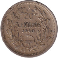 Монета 20 сентаво. 1940 год, Чили. Монета 20 сентаво. 1940 год, Чили.