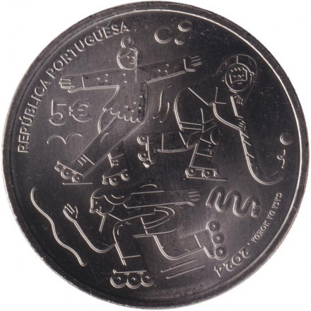 Монета 5 евро. 2024 год, Португалия. 100-летие Португальской федерации конькобежного спорта. Монета 5 евро. 2024 год, Португалия. 100-летие Португальской федерации конькобежного спорта.