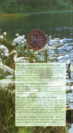 Монета 50 шиллингов. 1998 год, Австрия. 25 лет присуждению Нобелевской премии Конраду Лоренцу. В буклете. Монета 50 шиллингов. 1998 год, Австрия. 25 лет присуждению Нобелевской премии Конраду Лоренцу. В буклете.