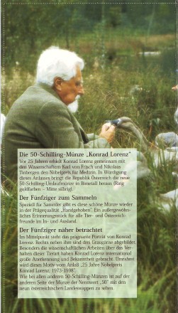Монета 50 шиллингов. 1998 год, Австрия. 25 лет присуждению Нобелевской премии Конраду Лоренцу. В буклете. Монета 50 шиллингов. 1998 год, Австрия. 25 лет присуждению Нобелевской премии Конраду Лоренцу. В буклете.