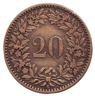 Монета 20 раппенов. 1859 год, Швейцария. Монета 20 раппенов. 1859 год, Швейцария.