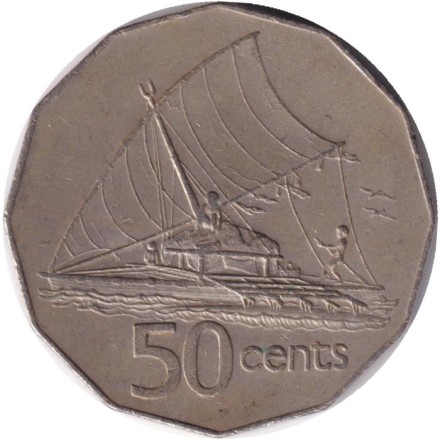 Монета 50 центов. 1975 год, Фиджи. Фиджийское каноэ Такиа (Каунитони). Монета 50 центов. 1975 год, Фиджи. Фиджийское каноэ Такиа (Каунитони).