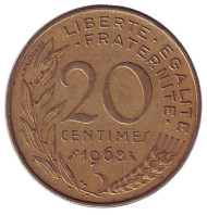 Монета 20 сантимов. 1968 год, Франция.