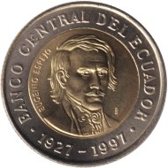 Монета 1000 сукре. 1997 год, Эквадор. 70-летие центрального банка. Эухенио Эспехо. Монета 1000 сукре. 1997 год, Эквадор. 70-летие центрального банка. Эухенио Эспехо.