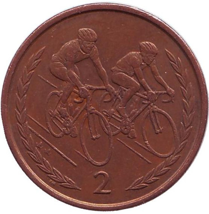 Монета 2 пенса. 1998 год, Остров Мэн. (Отметка "Трискелион") Велоспорт.