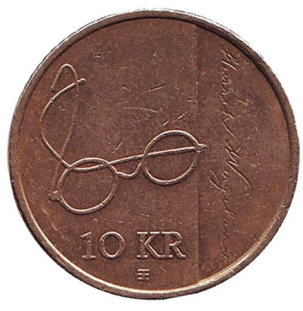 Монета 10 крон. 2008 год, Норвегия. Из обращения. 200-летие со дня рождения Генрика Вергеланна.
