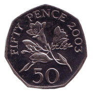 Монета 50 пенсов. 2003 год, Гернси. Цветы. Монета 50 пенсов. 2003 год, Гернси. Цветы.