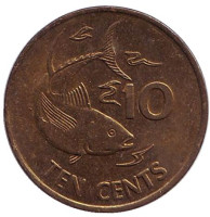 Желтопёрый тунец. Монета 10 центов. 2000 год, Сейшельские острова.