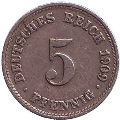 Монета 5 пфеннигов. 1909 год (D), Германская империя.