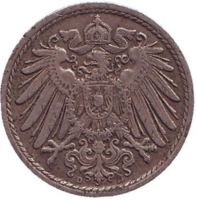 Монета 5 пфеннигов. 1909 год (D), Германская империя.