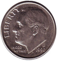 Монета 10 центов. 1990 (D) год, США. Рузвельт. Монета 10 центов. 1990 (D) год, США. Рузвельт.