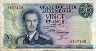 Банкнота 20 франков. 1966 год, Люксембург. Банкнота 20 франков. 1966 год, Люксембург.