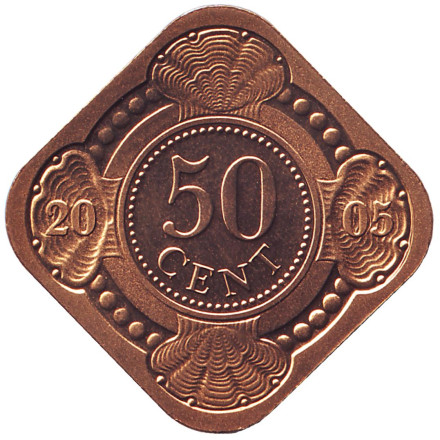 Монета 50 центов. 2005 год, Нидерландские Антильские острова. BU.
