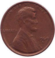 Монета 1 цент. 1969 год (S), США. Линкольн. Монета 1 цент. 1969 год (S), США. Линкольн.