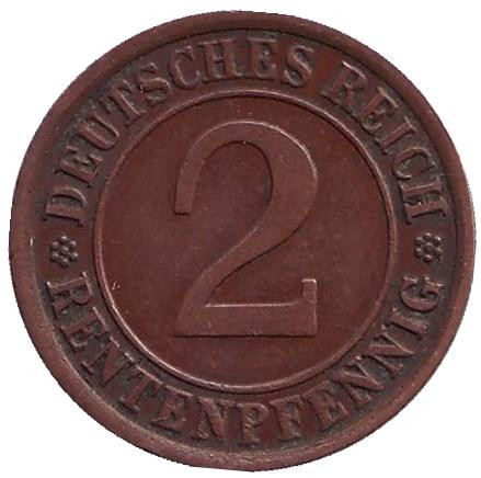 Монета 2 рентенпфеннига. 1924 год (J), Веймарская республика.