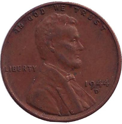 Монета 1 цент. 1944 год (D), США. Линкольн.