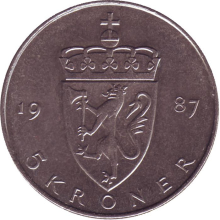 Монета 5 крон. 1987 год, Норвегия.