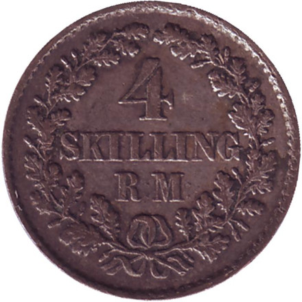 Монета 4 скиллинг-ригсмёнта. 1854 год, Дания.