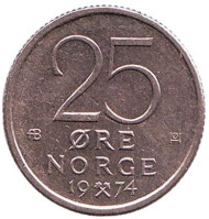Монета 25 эре. 1974 год, Норвегия. Монета 25 эре. 1974 год, Норвегия.