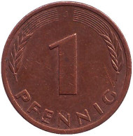 Монета 1 пфенниг. 1979 год (J), ФРГ. Дубовые листья. Монета 1 пфенниг. 1979 год (J), ФРГ. Дубовые листья.
