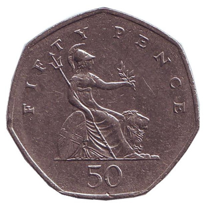 Монета 50 пенсов. 1997 год, Великобритания. Новый тип. Диаметр 27,3 мм.