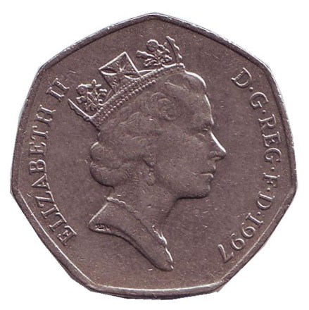 Монета 50 пенсов. 1997 год, Великобритания. Новый тип. Диаметр 27,3 мм. Монета 50 пенсов. 1997 год, Великобритания. Новый тип. Диаметр 27,3 мм.