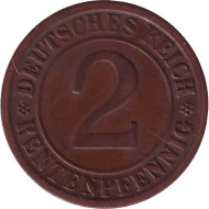 Монета 2 рентенпфеннига. 1923 год (F), Веймарская республика. Монета 2 рентенпфеннига. 1923 год (F), Веймарская республика.