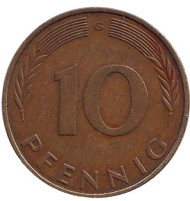 Монета 10 пфеннигов. 1971 год (G), ФРГ. Дубовые листья. Монета 10 пфеннигов. 1971 год (G), ФРГ. Дубовые листья.